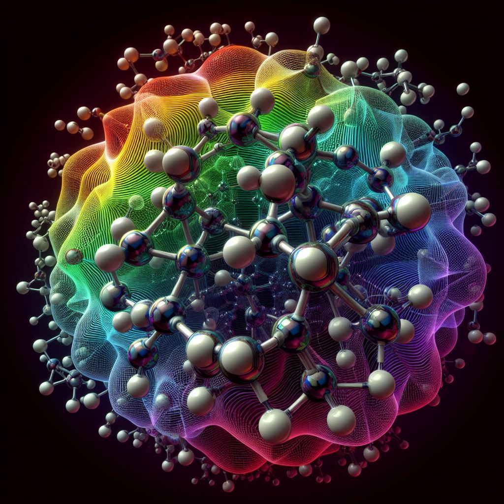 An abstract image of a strange-looking organic molecular structure with odd connections, in front of a rainbow topology map with more odd molecules in the background