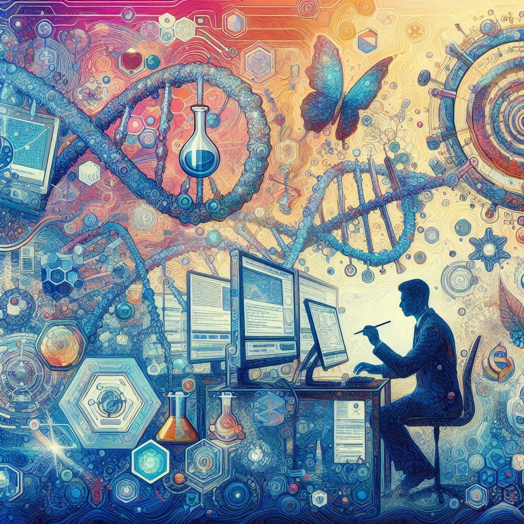 Abstract art of a chemist thinking while visions of DNA and molecules whirl around them