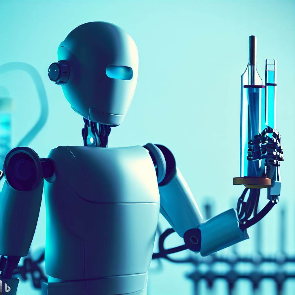 A humanoid robot holding some scientific-looking glassware