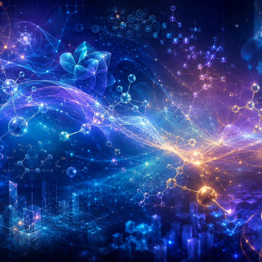 Abstract art of connected atom-like shapes that represent ideas