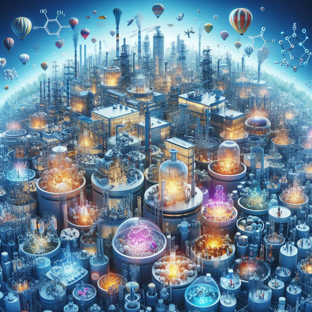 A sci-fi city of various chemicals, reactors, and buildings, with hot air ballons and molecular structures in the sky