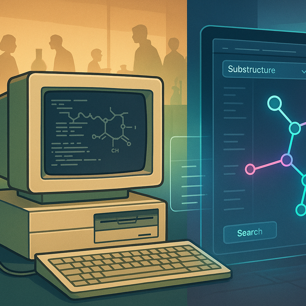 A split-screen illustration showing a retro beige CRT computer displaying a wiggly-line chemical structure on the left, and a modern interface with a glowing, stylised molecule on the right