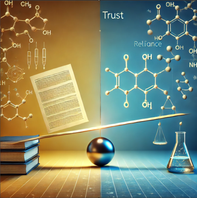 An image split into two halves, one yellow and one blue. A manuscript teeters on an eerily-floating seesaw balanced just above a spherical fulcrum. Chemical structures hang in the background